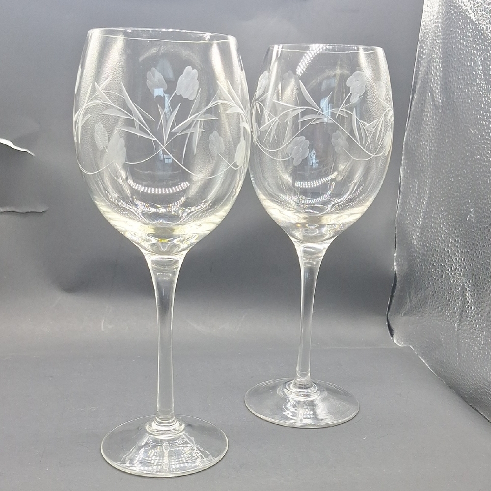 Princess House Heritage Crystal White Wine Glasses – Etched Floral (Set of 2)